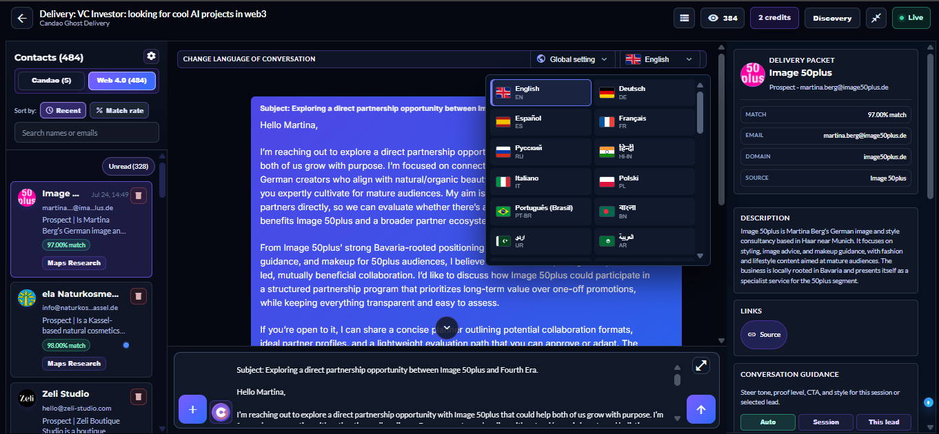 Candao Delivery workspace with contacts, a prepared message, language controls, and conversation guidance